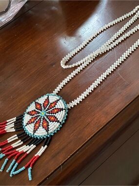 Vintage Hand Beaded Necklace Southwest Native American Piece 25” Vintage